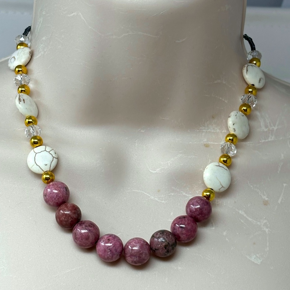 Handmade Beaded Necklace Pink Rhodonite Gemstone with White Magnesite and Glass